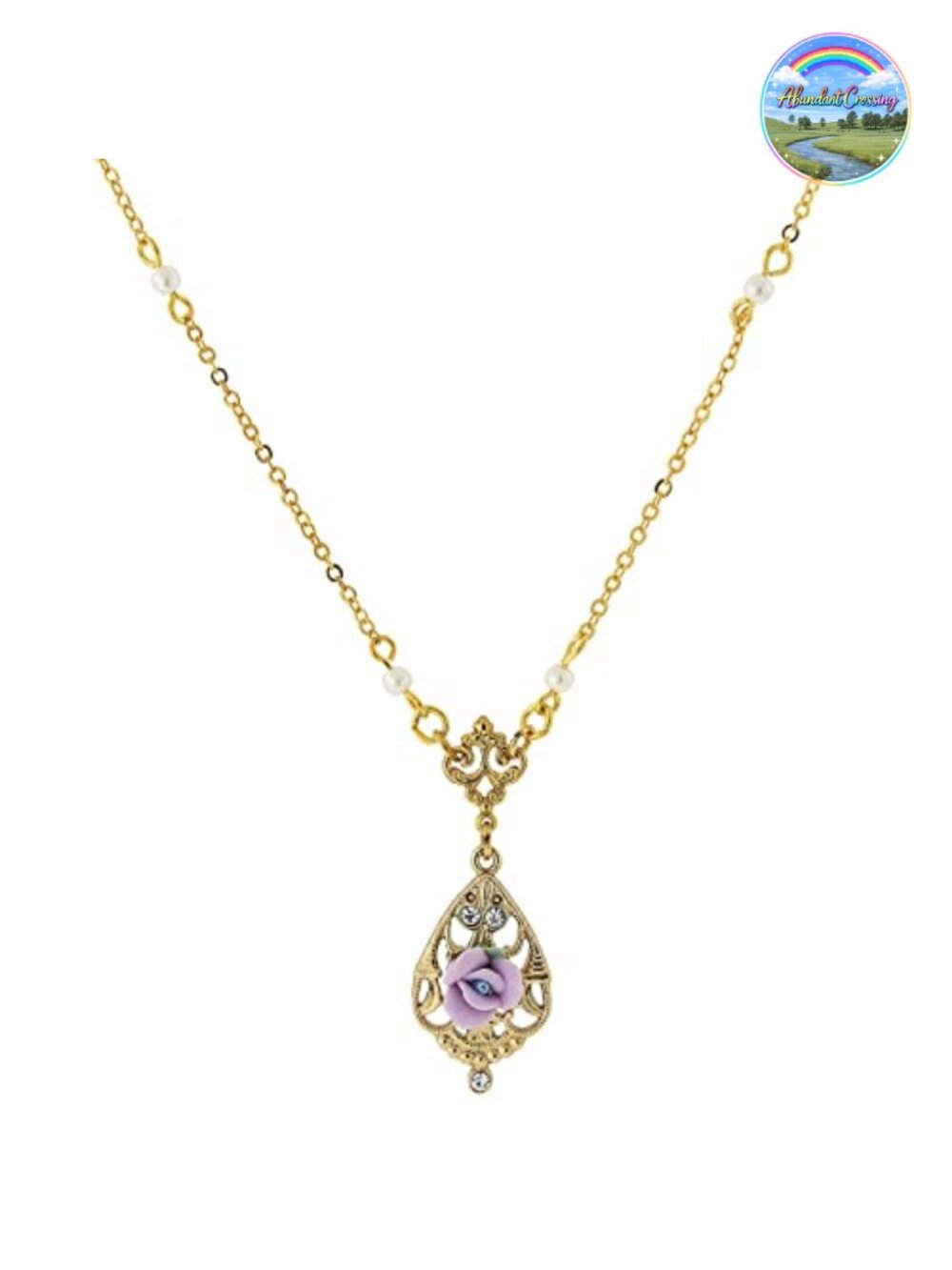 Porcelain Rose Pendant Necklace Faux Pearl 14K Gold-Dipped Adjustable Chain